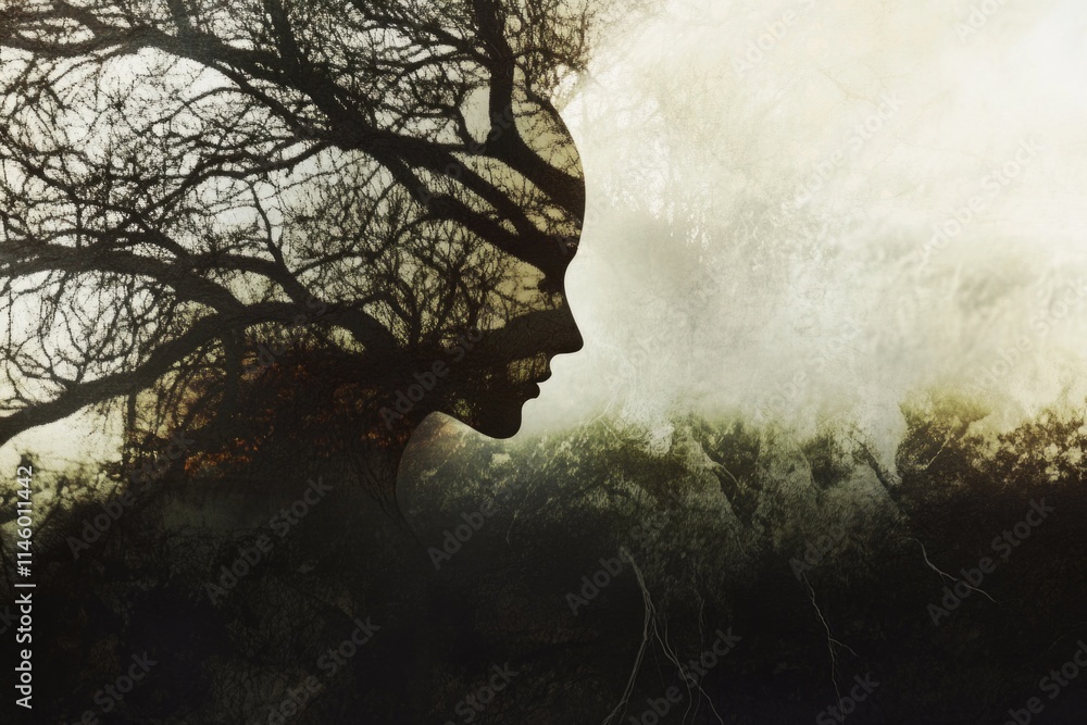 Poster a double exposure photo showing a woman's face with trees in the background, suitable for use as a c