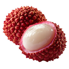 Front view close-up of an extremely perfect looking single lychee fruit cut in half isolated on a white transparent background