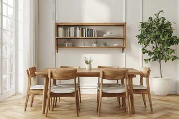 A wooden dining table with six chairs around it and a potted plant in the corner