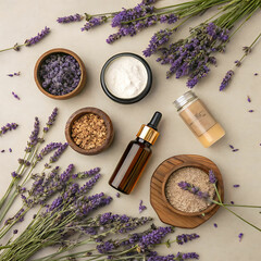 Flat Lay of Herbal Cosmetics Surrounded by Lavender Flowers and Earthy Tones