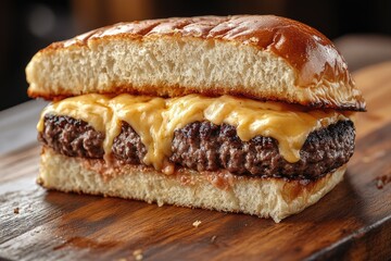 A single cheeseburger sits on a wooden cutting board, ready to be served
