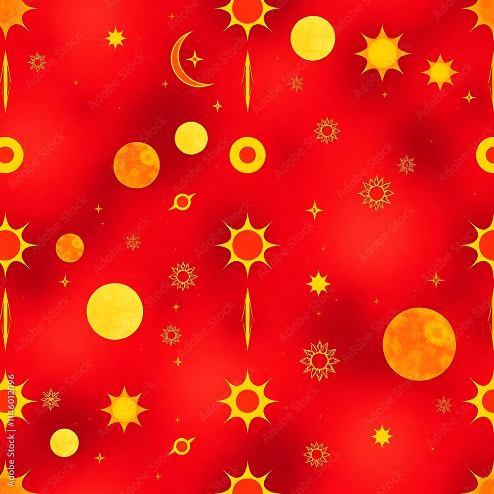 Poster cosmic red: a vibrant, celestial pattern featuring suns, moons, stars, and planets on a red backgrou