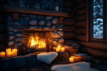 Fototapeta premium Rustic cabin interior with log walls, a stone fireplace, and warm lighting. Interior design, 3D render, Home decoration