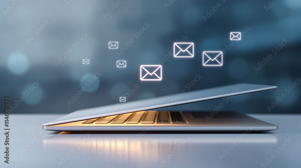 Poster open laptop with glowing icons of email envelopes emerging, symbolizing digital communication and co