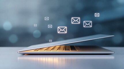 Open laptop with glowing icons of email envelopes emerging, symbolizing digital communication and connectivity on a blurred background.