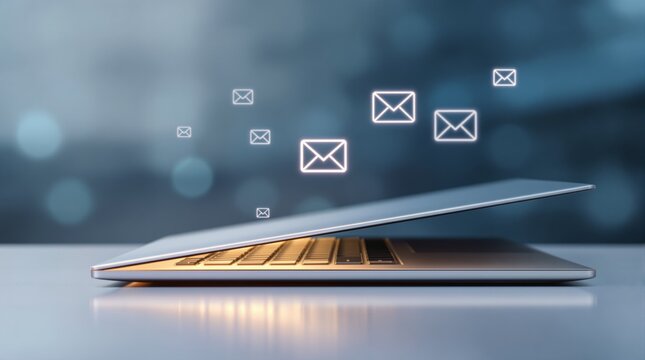 Open laptop with glowing icons of email envelopes emerging, symbolizing digital communication and connectivity on a blurred background.