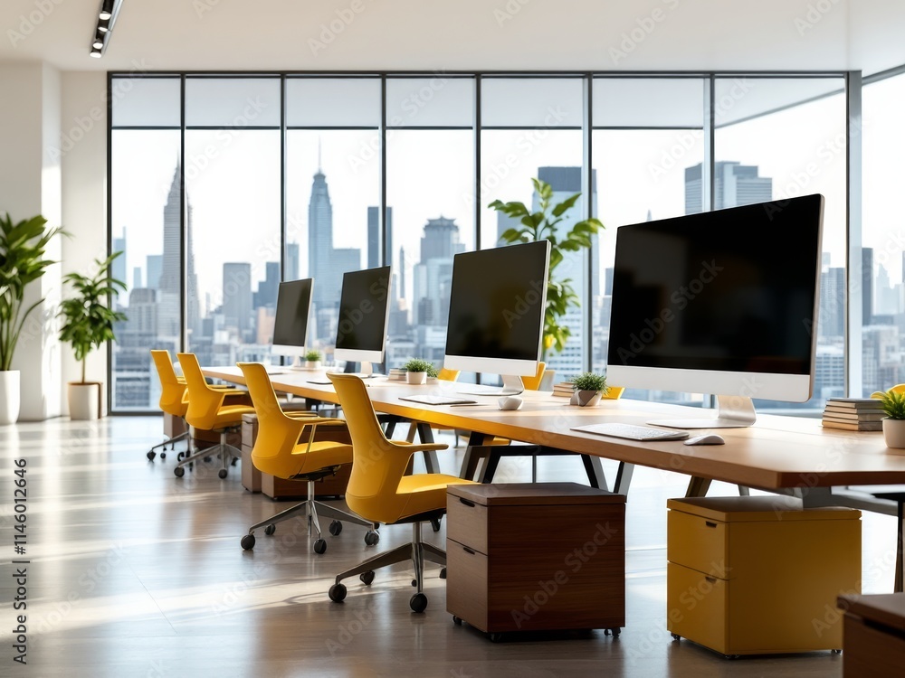 Poster modern office space with yellow chairs and computers on wooden desks, overlooking city skyline throu