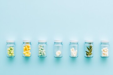 Elegant Arrangement of Small Transparent Bottles with Supplements on a Light Blue Background