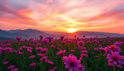 a close up of a field of flowers with a sunset in the background,