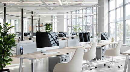 Modern open-plan office space with natural light and sleek furniture.