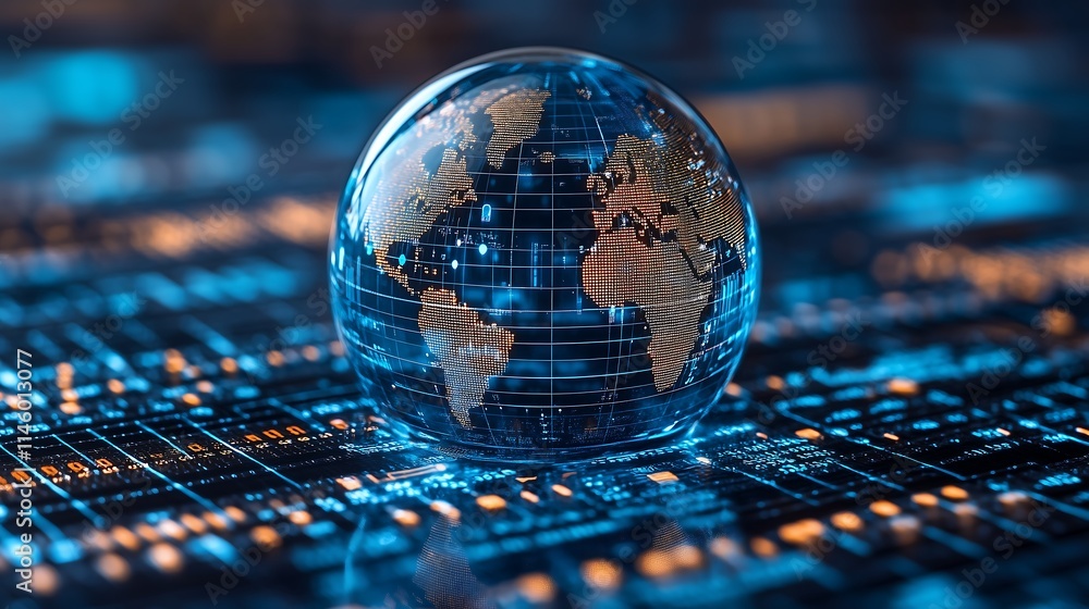 Poster global network connection: crystal globe depicting the world rests on a circuit board, symbolizing g