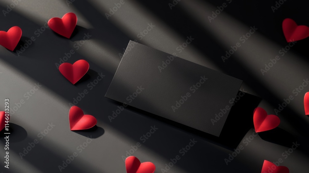 Poster heart-shaped decorations in vibrant red surround a blank card resting on a dark surface. this arrang