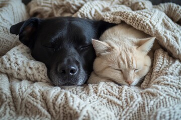 A black dog and a white cat are sleeping together under a blanket