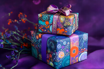 Gift surprise celebration vibrant background decorative boxes festive atmosphere close-up shot joyful concept