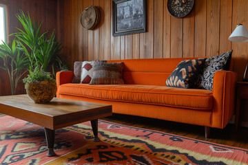 Retro 70s inspired living room with bold patterns, earth tones, and vintage decor. Interior design, 3D render, Home decoration