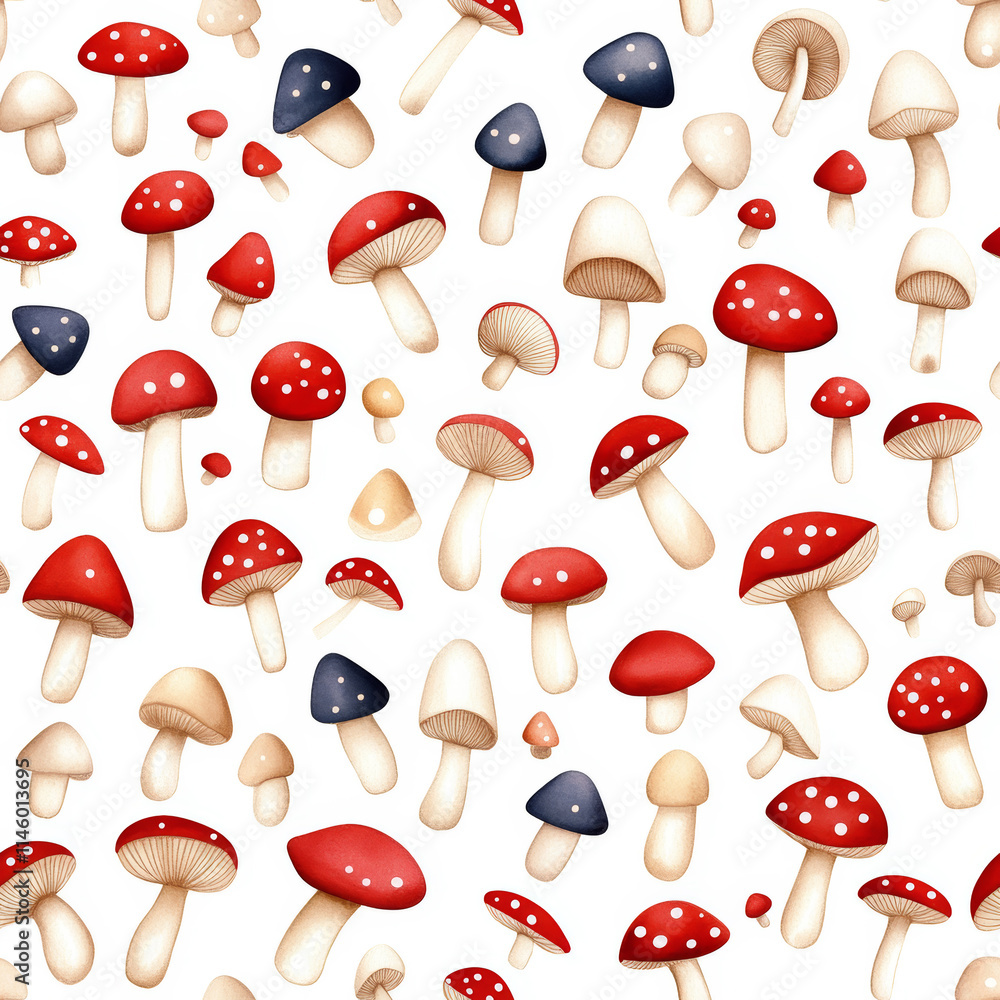 Aufkleber colorful collection of various mushrooms on a white background creating a whimsical pattern