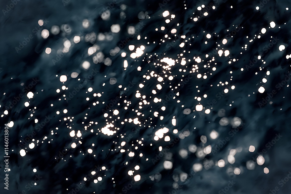 Poster midnight blue background with soft, luminous white points shimmering across the surface. the dots va