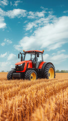 Fototapeta premium vibrant red trac r in golden wheat field under blue sky