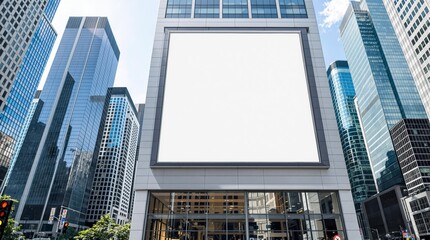 Large blank billboard on a modern city building surrounded by skyscrapers on a sunny day.