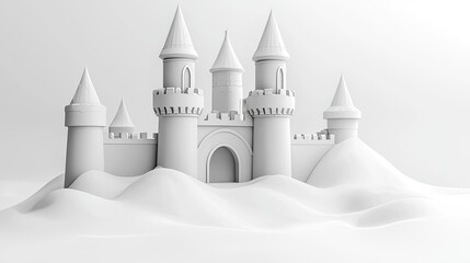 Obraz premium A minimalist white castle with towers set in a smooth, snowy landscape.