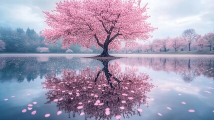 Serene Reflection of a Blooming Sakura Tree in a Misty Lake: A Peaceful Springtime Scene