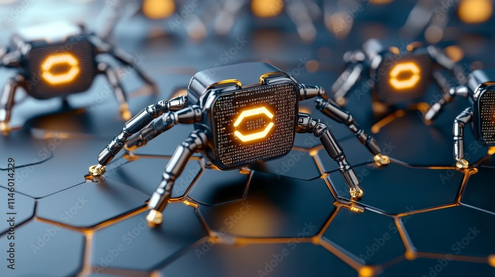 Poster a futuristic scene featuring robotic spiders with glowing elements on a hexagonal surface, evoking t