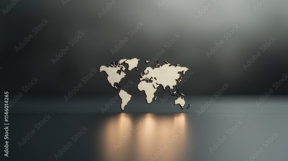 Poster a stylized, illuminated world map on a dark surface, emphasizing global connectivity and exploration