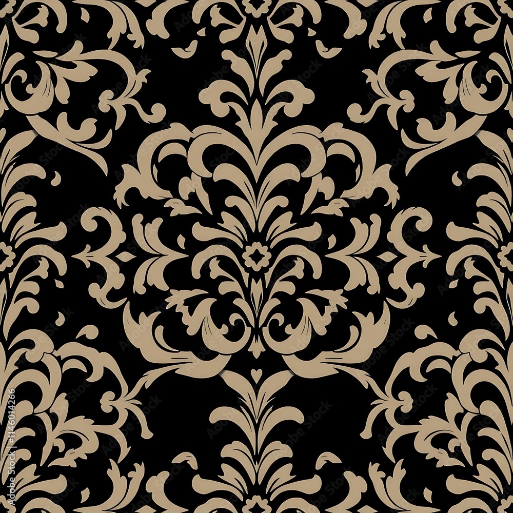 Aufkleber elegant damask pattern: a captivating and intricate damask pattern in beige and black, perfect for a