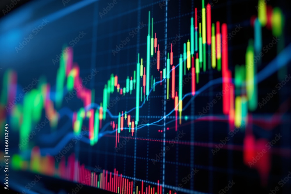 Aufkleber Abstract financial chart with colorful candlesticks and lines on a dark background.