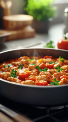 Fototapeta premium Delicious chicken stew with vegetables and herbs in pan