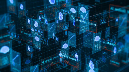 Futuristic fictional interface for ai driven healthcare, remote patient monitoring, online medical consultation and diagnosis, artificial intelligence medical imaging (3d render)