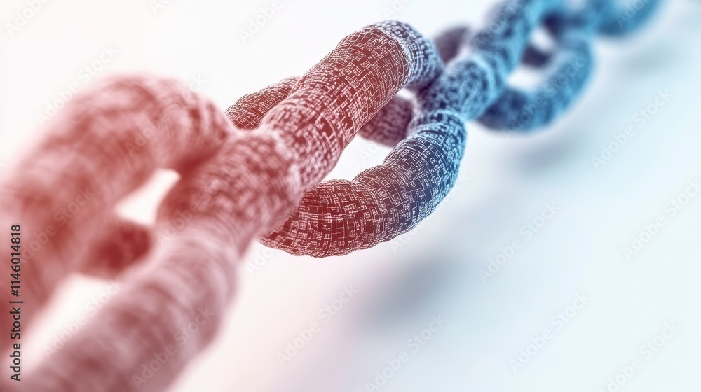 Poster a close-up view of a stylized chain, featuring interlinked segments in red and blue, symbolizing con
