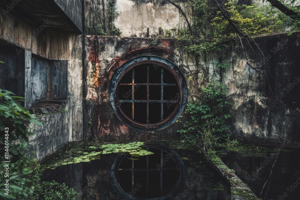 Poster an old building with a round window in the middle, suitable for use as a historic landmark or archit