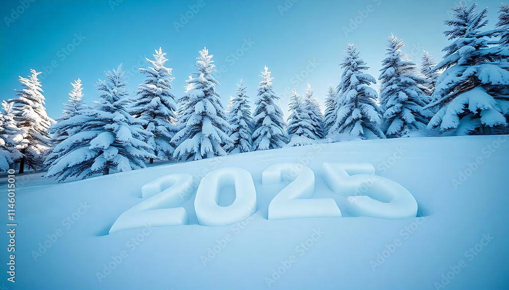 Fototapete new year 2025, a snowy winter landscape with pine trees covered in snow, with the numbers 2025 writt