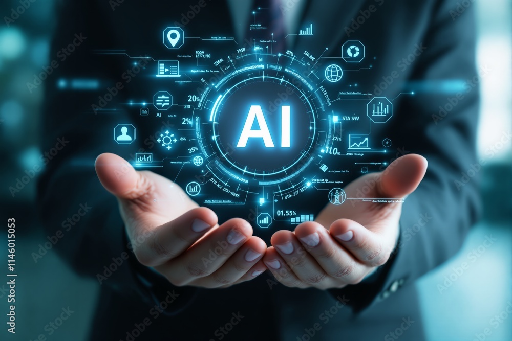 Aufkleber Hands holding digital AI interface with data icons and graphs.