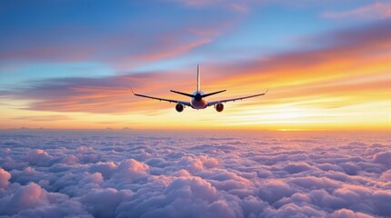 Airplane flying above fluffy clouds during vibrant sunset sky.