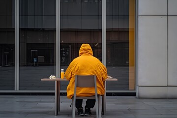 Person in Yellow Hoodie Sitting Alone at Outdoor Table