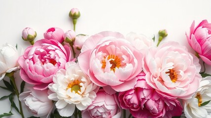 Fototapeta premium Beautiful arrangement of pink and white peony flowers on a clean white background, beautiful, spring