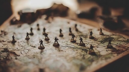 Close-up of detailed military strategy map with miniature soldiers and terrain models on wooden table for tactical planning and battlefield simulation.