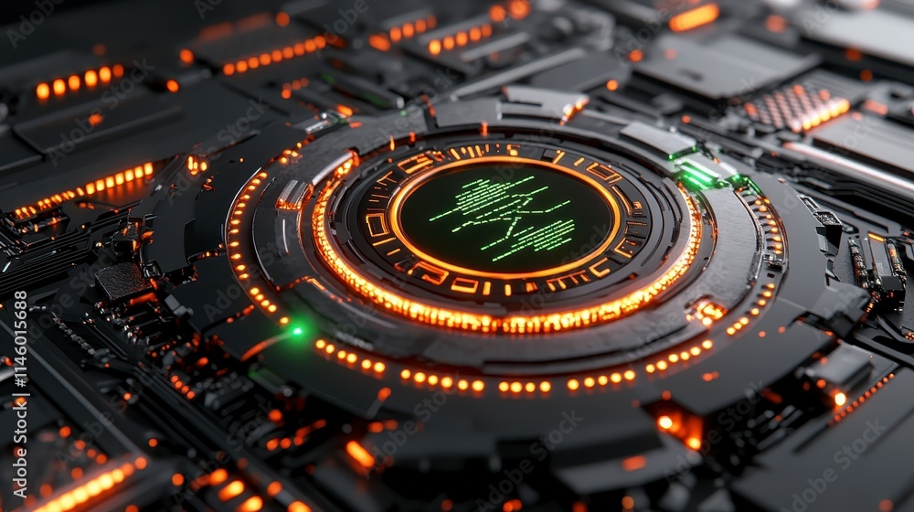 Poster a close-up view of a futuristic circuit board with glowing orange and green lights, featuring intric