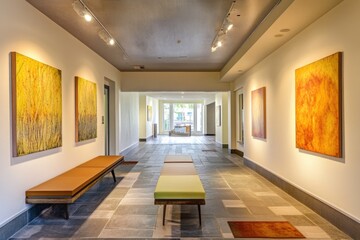 Cozy hallway with a comfortable bench and beautiful paintings on the walls