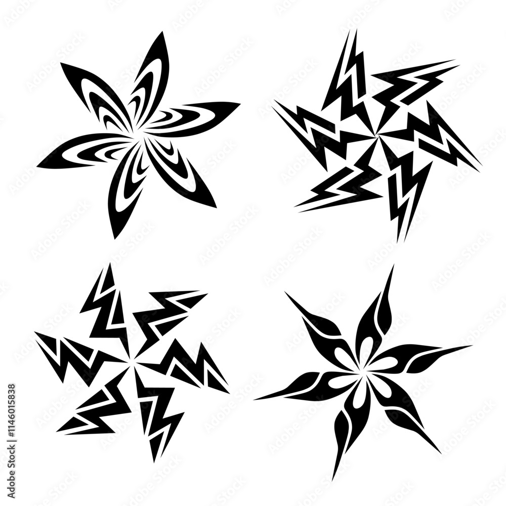 Poster four abstract, black, star designs with varying patterns and shapes, each with a unique, dynamic app