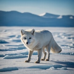 Naklejka premium A brilliant white polar fox standing on an icy landscape with blue skies.