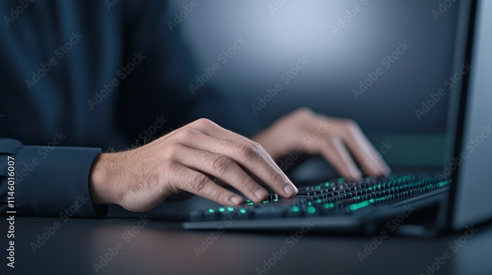 Poster a close-up of hands typing on a keyboard, set against a dark background, emphasizing technology and 
