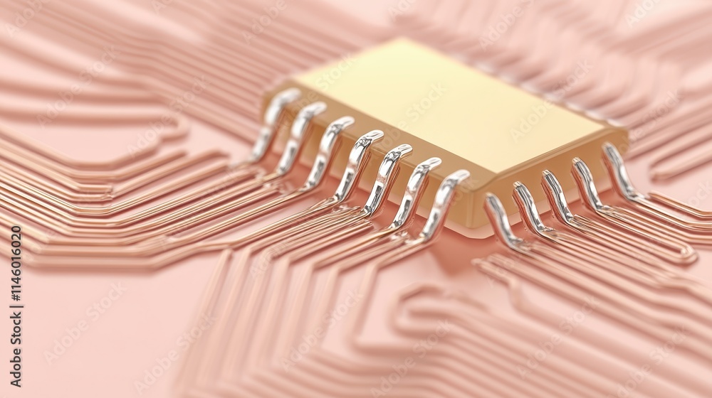Poster a close-up view of a gold microchip on a detailed circuit board, showcasing intricate connections an