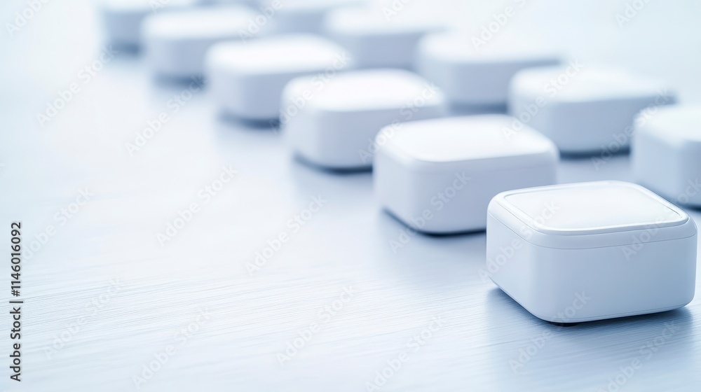 Poster a clean, minimalist arrangement of white square objects lined up in a row, showcasing simplicity and