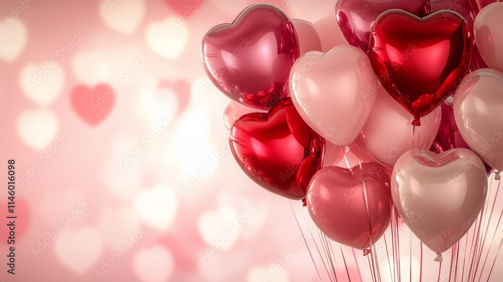 Poster heart-shaped balloons in various shades of pink and red float in a soft, blurred background that enh