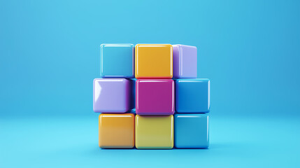 Obraz premium A minimalist arrangement of colorful glossy 3D blocks stacked against blue background, Strategy, planning, and creativity. Concept of teamwork, structure, and abstract problem-solving.