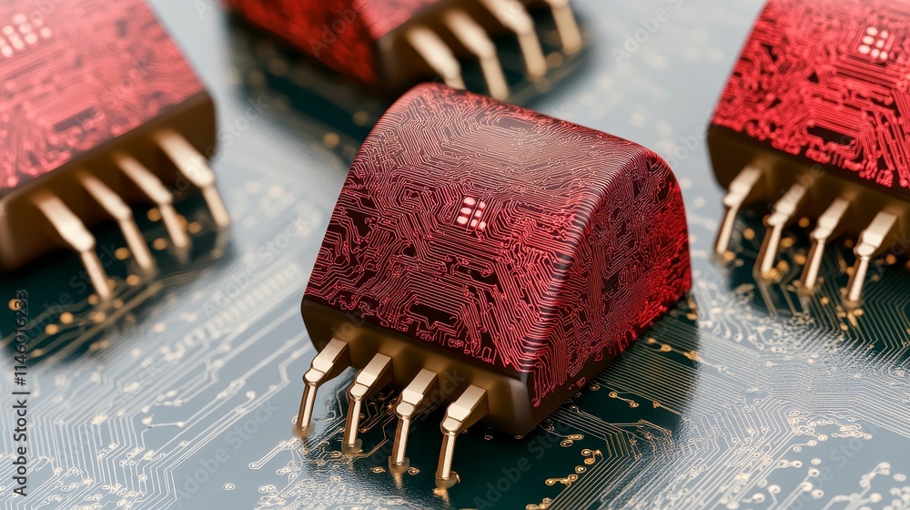 Poster a close-up view of red electronic components with gold pins on a circuit board, showcasing intricate