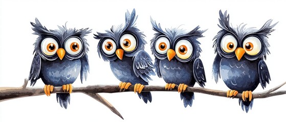 Fototapeta premium Playful owls perched on a branch nature scene wildlife illustration cheerful environment close-up view bird concept